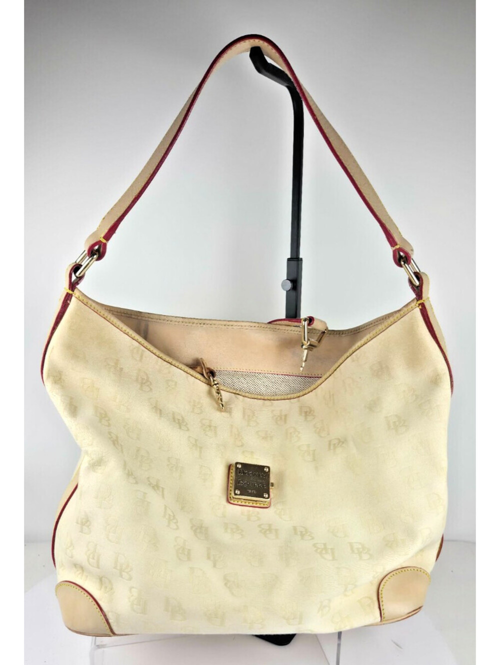 Dooney & Bourke Signature Jacquard Large Hobo Bag Cream Raspberry Y2K Vintage